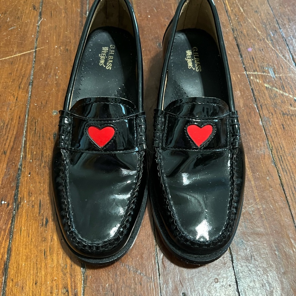 G.H. Bass & Co. Shiny Black Loafers with Red Heart Accent